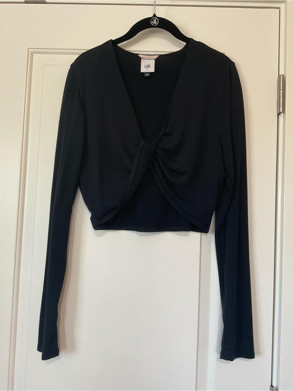 CAbi Black Twist-Knot Long Sleeve Crop Top